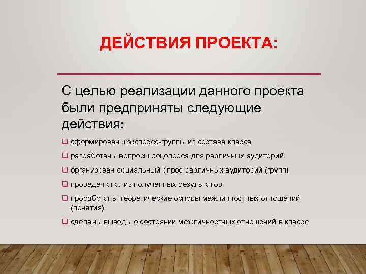    ДЕЙСТВИЯ ПРОЕКТА:  С целью реализации данного проекта были предприняты следующие