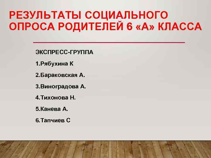 РЕЗУЛЬТАТЫ СОЦИАЛЬНОГО ОПРОСА РОДИТЕЛЕЙ 6 «А» КЛАССА ЭКСПРЕСС-ГРУППА 1. Рябухина К 2. Бараковская А.