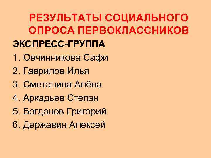   РЕЗУЛЬТАТЫ СОЦИАЛЬНОГО  ОПРОСА ПЕРВОКЛАССНИКОВ ЭКСПРЕСС-ГРУППА 1. Овчинникова Сафи 2. Гаврилов Илья