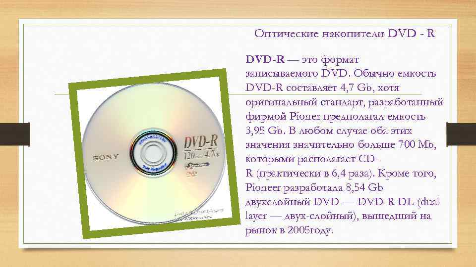  Оптические накопители DVD - R DVD-R — это формат записываемого DVD. Обычно емкость
