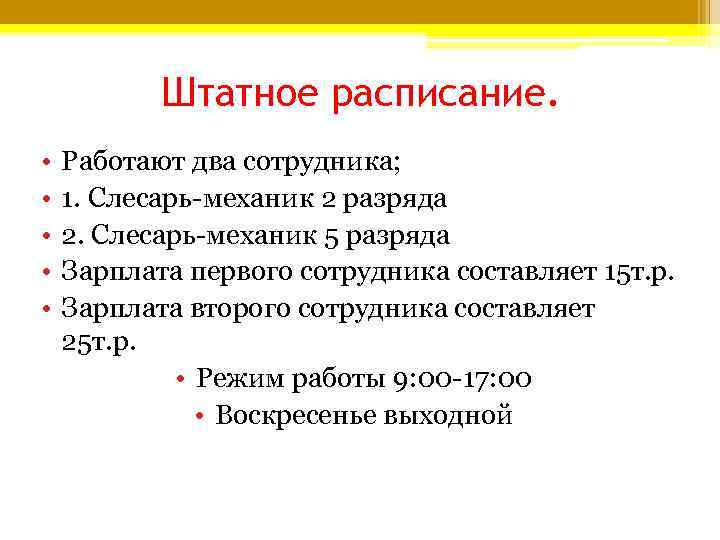 Штатное расписание. • Работают два сотрудника; • 1. Штатное расписание. • Работают два сотрудника; • 1.