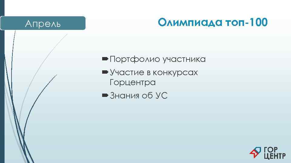 Апрель    Олимпиада топ-100   Портфолио участника  Участие в конкурсах