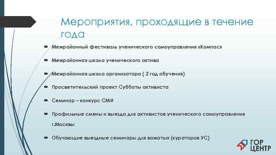  Мероприятия, проходящие в течение  года  Межрайонный фестиваль ученического самоуправления «Компас» Межрайонная
