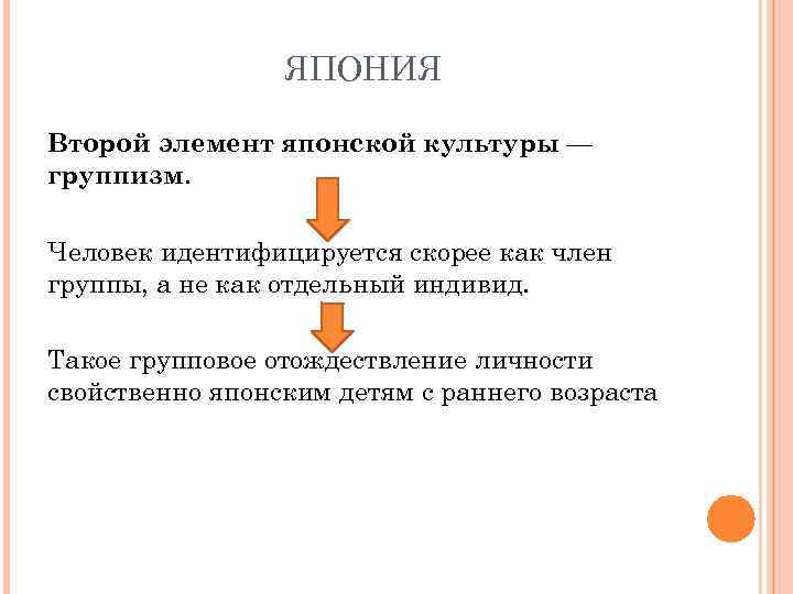    ЯПОНИЯ Второй элемент японской культуры — группизм.  Человек идентифицируется скорее