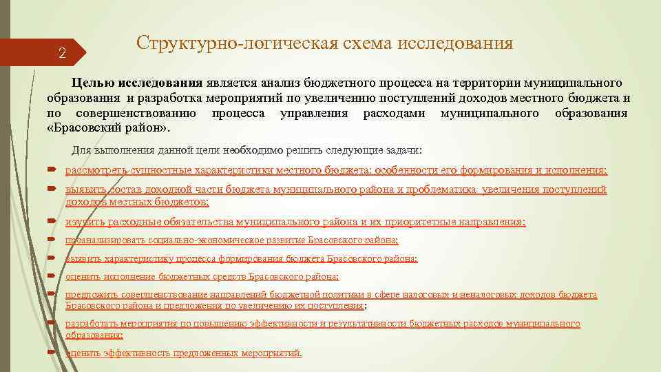  2    Структурно-логическая схема исследования Целью исследования является анализ бюджетного процесса