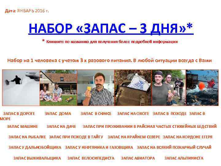  Дата: ЯНВАРЬ 2016 г.   НАБОР «ЗАПАС – 3 ДНЯ» * 