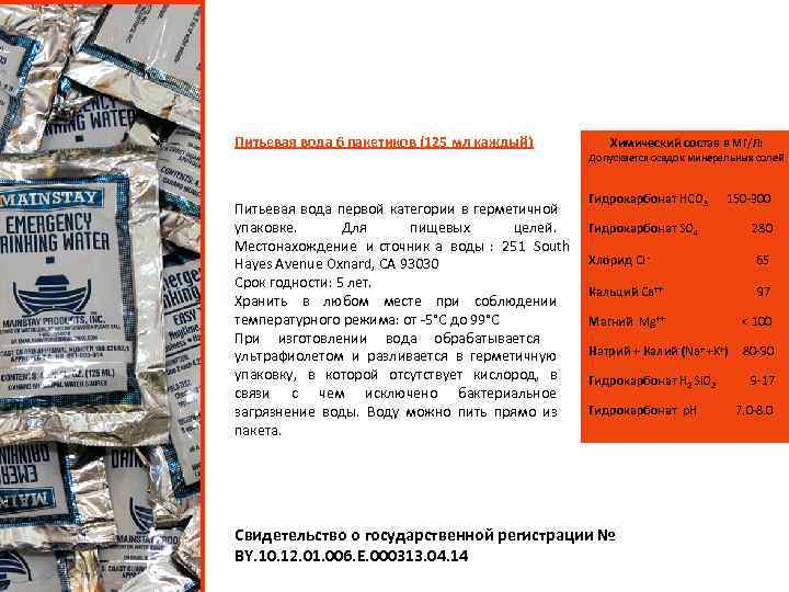 Питьевая вода 6 пакетиков (125 мл каждый)     Химический состав в