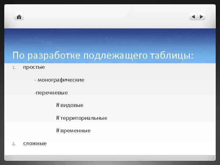 По разработке подлежащего таблицы: 1.  простые   - монографические   -перечневые