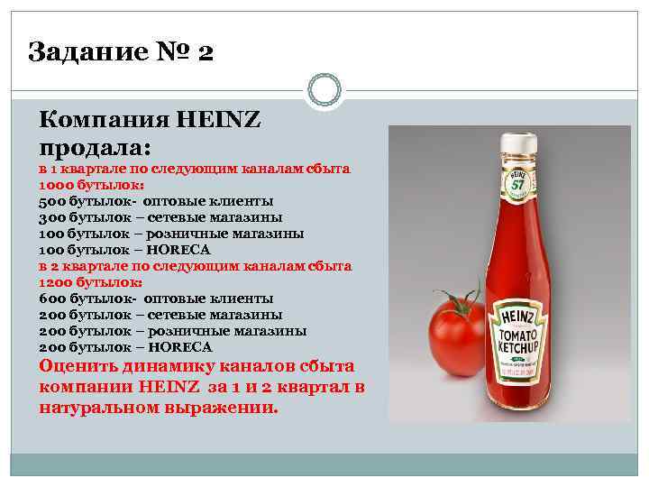 Задание № 2 Компания HEINZ продала:  в 1 квартале по следующим каналам сбыта