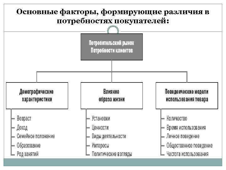    Основные факторы, формирующие различия в    потребностях покупателей: 