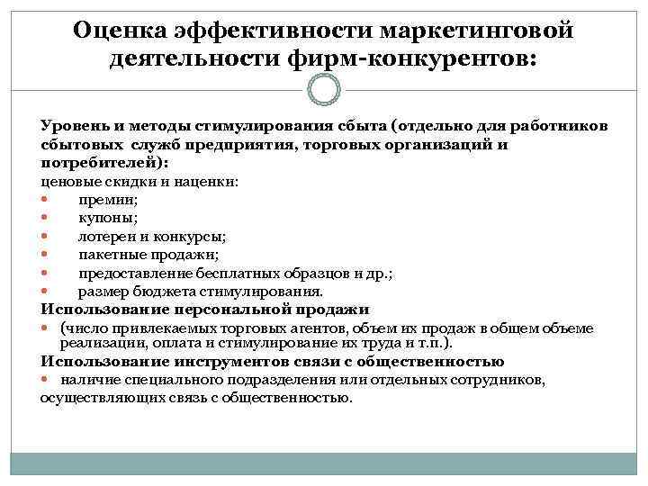  Оценка эффективности маркетинговой  деятельности фирм-конкурентов:  Уровень и методы стимулирования сбыта