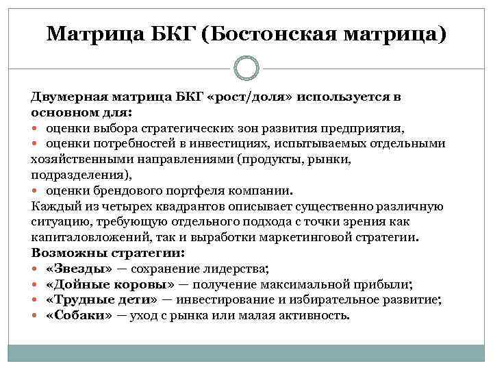  Матрица БКГ (Бостонская матрица) Двумерная матрица БКГ «рост/доля» используется в основном для: оценки