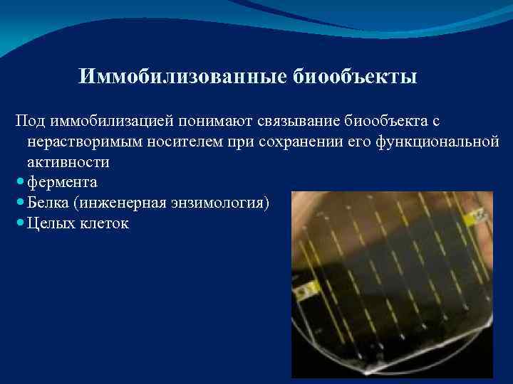  Иммобилизованные биообъекты Под иммобилизацией понимают связывание биообъекта с  нерастворимым носителем при
