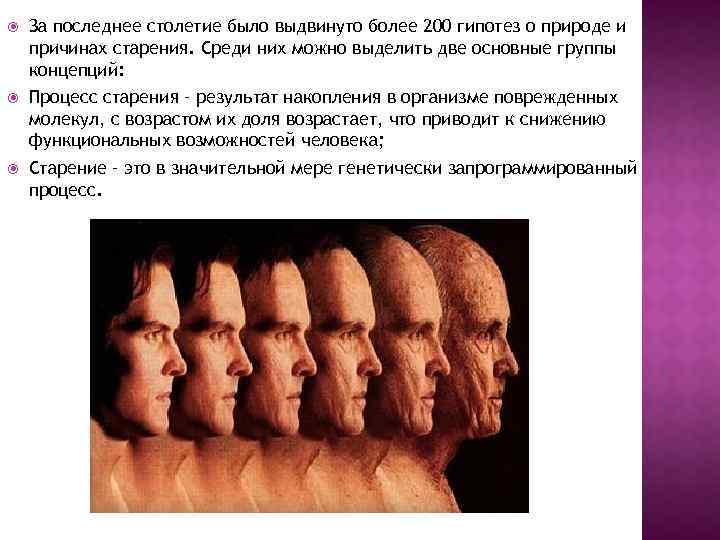  За последнее столетие было выдвинуто более 200 гипотез о природе и причинах старения.
