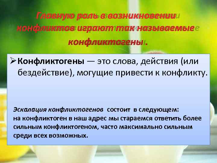   Главную роль в возникновении конфликтов играют так называемые  конфликтогены.  Ø