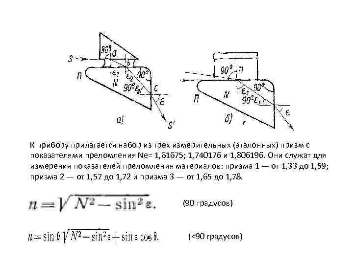 К прибору прилагается набор из трех измерительных (эталонных) призм с показателями преломления Νe= 1, К прибору прилагается набор из трех измерительных (эталонных) призм с показателями преломления Νe= 1,