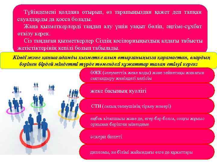   Түйіндемені қолдана отырып, өз тарапыңыздан қажет деп тапқан сауалдарды да қосса болады.