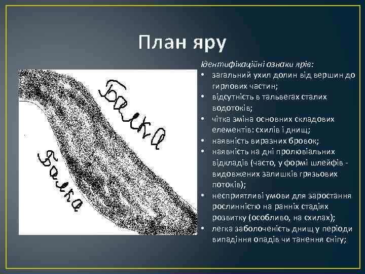 План яру Ідентифікаційні ознаки ярів:  • загальний ухил долин від вершин до 
