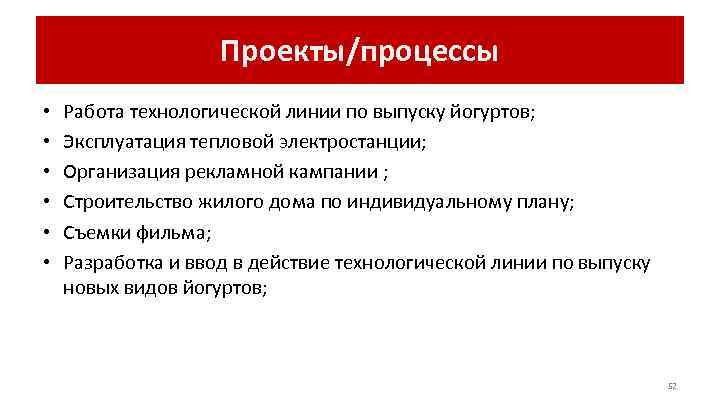     Проекты/процессы •  Работа технологической линии по выпуску йогуртов; 