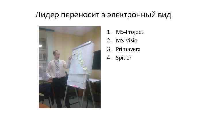 Лидер переносит в электронный вид   1.  MS-Project   2. 