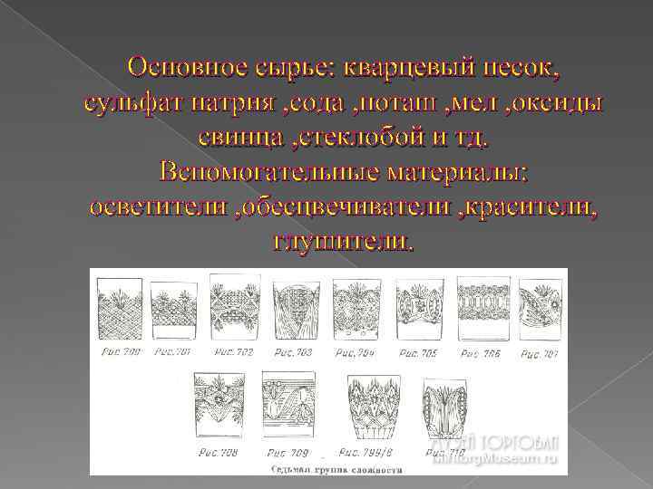   Основное сырье: кварцевый песок, сульфат натрия , сода , поташ , мел