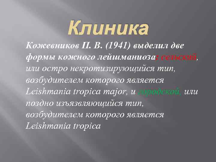    Клиника Кожевников П. В. (1941) выделил две формы кожного лейшманиоза: сельский,