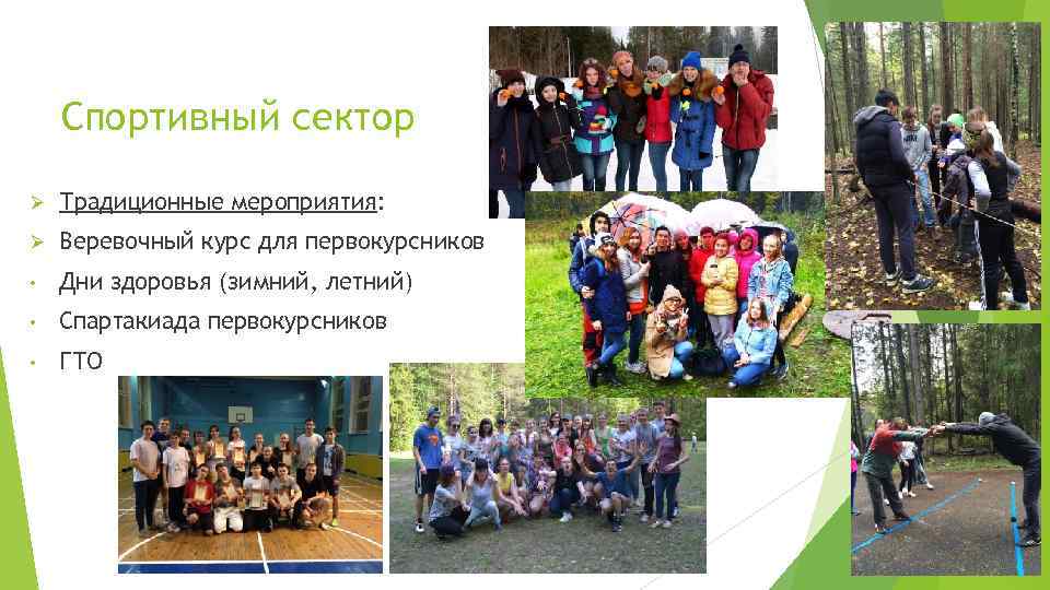   Спортивный сектор Ø  Традиционные мероприятия: Ø  Веревочный курс для первокурсников