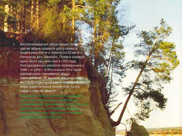  •  Местонахождение представляет собой крутой обрыв красного цвета правого берега реки Вятки