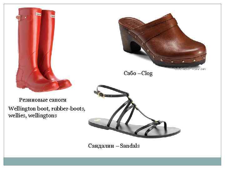      Сабо – Clog  Резиновые сапоги Wellington boot, rubber-boots,