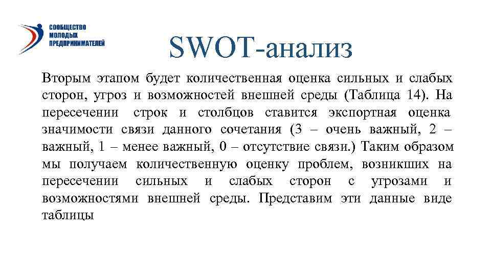    SWOT-анализ Вторым этапом будет количественная оценка сильных и слабых сторон, угроз
