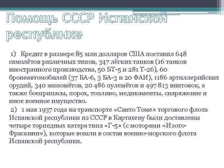 Помощь СССР Испанской республике 1)  Кредит в размере 85 млн долларов США поставил