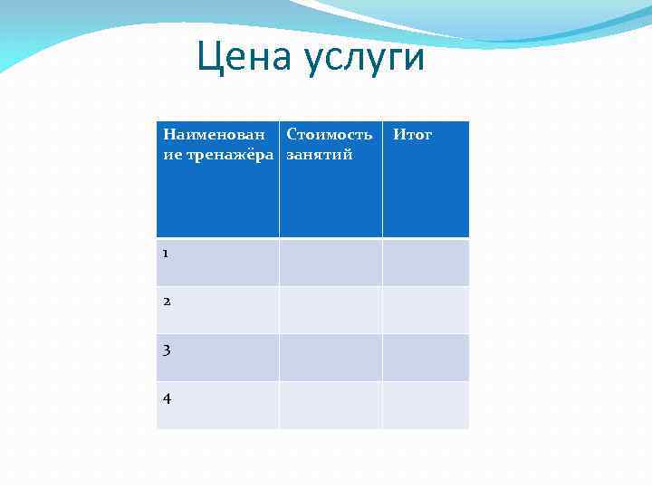   Цена услуги Наименован Стоимость  Итог ие тренажёра занятий 1 2 3