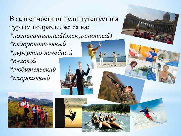 В зависимости от цели путешествия туризм подразделяется на: *познавательный(экскурсионный) *оздоровительный *курортно-лечебный *деловой *любительский *спортивный