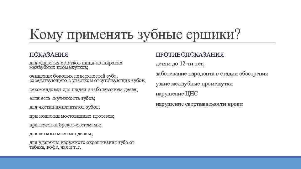 Кому применять зубные ершики? ПОКАЗАНИЯ    ПРОТИВОПОКАЗАНИЯ для удаления остатков пищи из