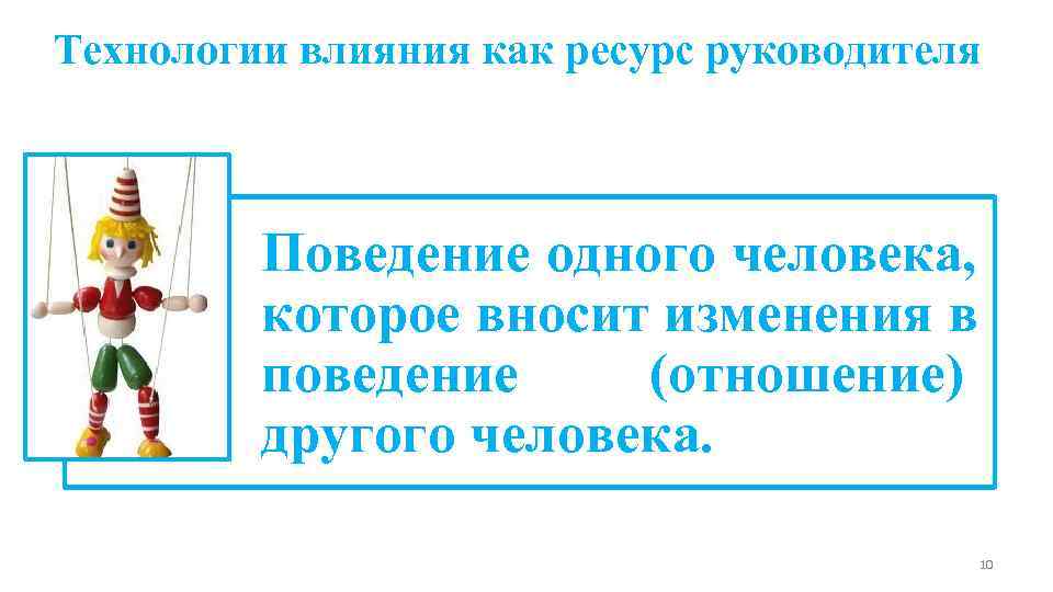 Технологии влияния как ресурс руководителя   Поведение одного человека,  которое вносит изменения