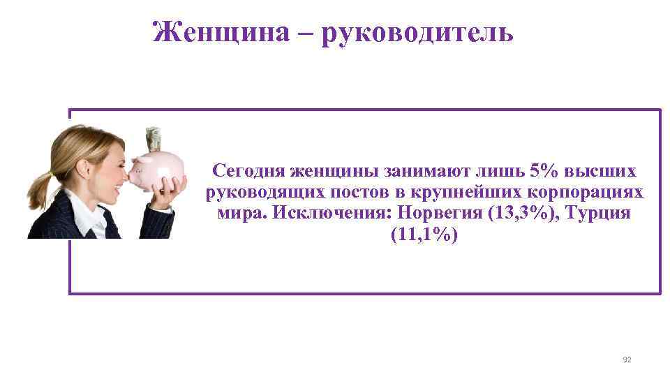 Женщина – руководитель  Сегодня женщины занимают лишь 5% высших  руководящих постов в