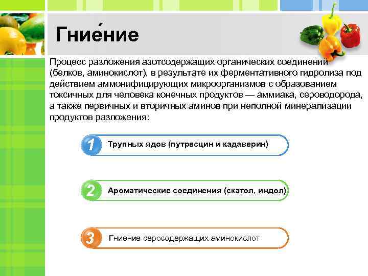  Гние Процесс разложения азотсодержащих органических соединений (белков, аминокислот), в результате их ферментативного гидролиза