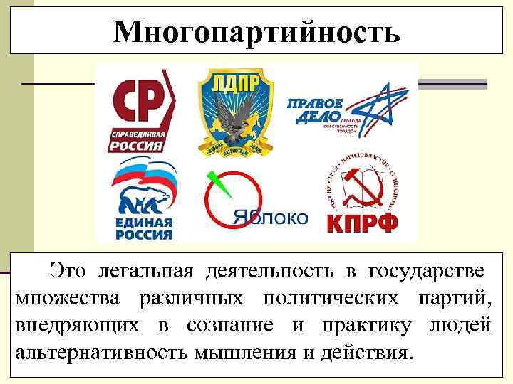    Многопартийность  Это легальная деятельность в государстве множества различных политических партий,