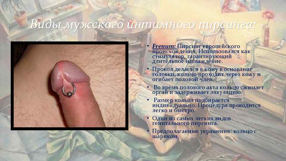 Виды мужского интимного пирсинга: • Frenum: Пирсинг европейского Виды мужского интимного пирсинга: • Frenum: Пирсинг европейского