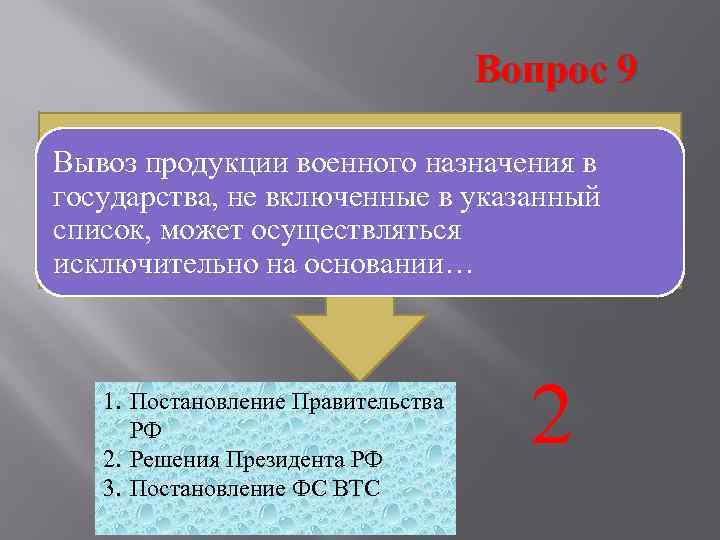       Вопрос 9 Вывоз продукции военного назначения в государства,