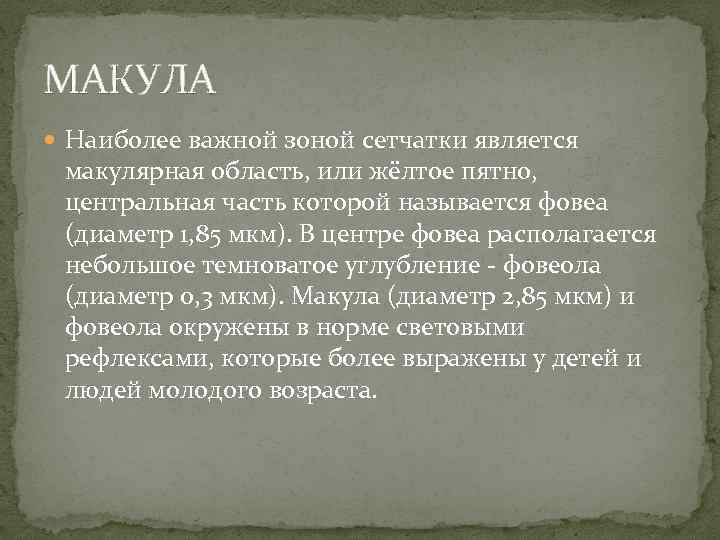 МАКУЛА  Наиболее важной зоной сетчатки является макулярная область, или жёлтое пятно,  центральная
