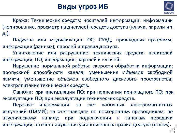      Виды угроз ИБ Кража: Технических средств; носителей информации; информации