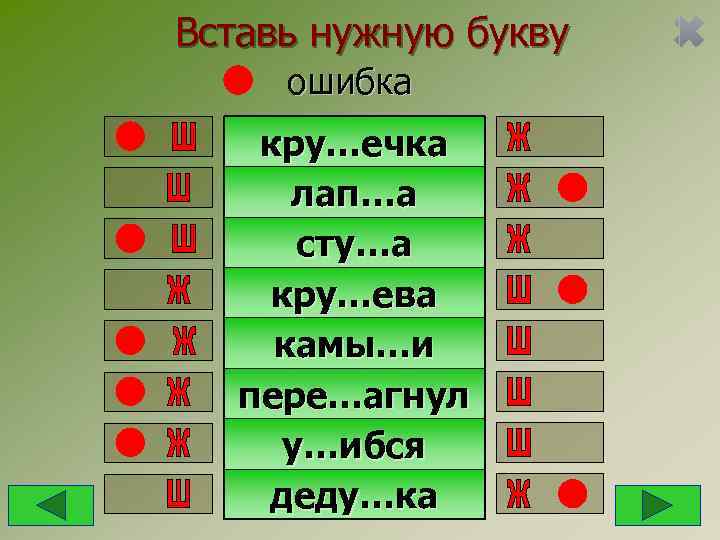 Вставь нужную букву ошибка кру…ечка  лап…а  сту…а кру…ева камы…и  пере…агнул 