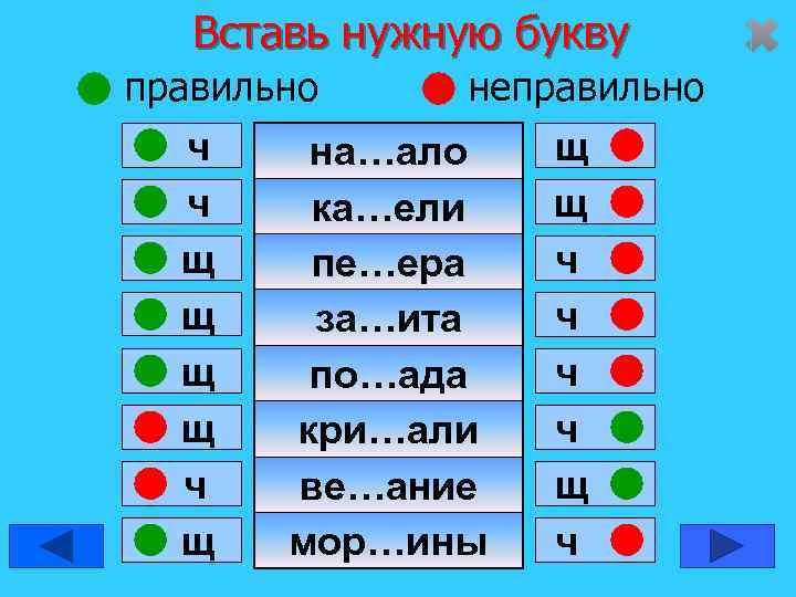   Вставь нужную букву правильно  неправильно  ч на…ало щ  ч