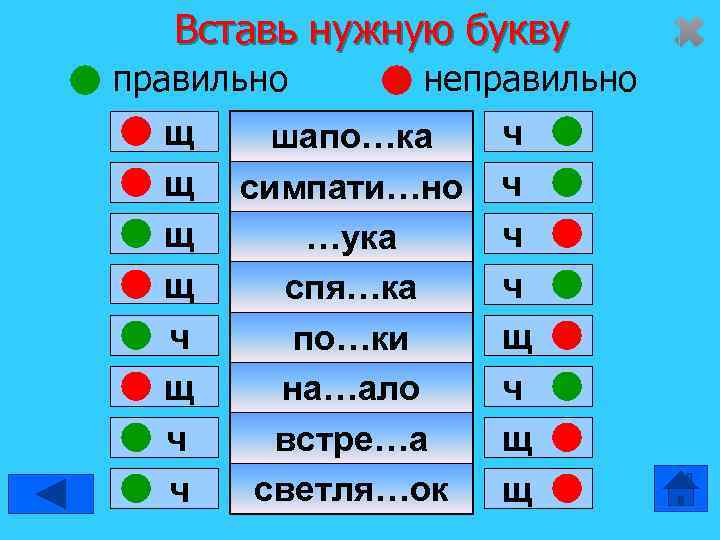   Вставь нужную букву правильно  неправильно  щ  шапо…ка ч 