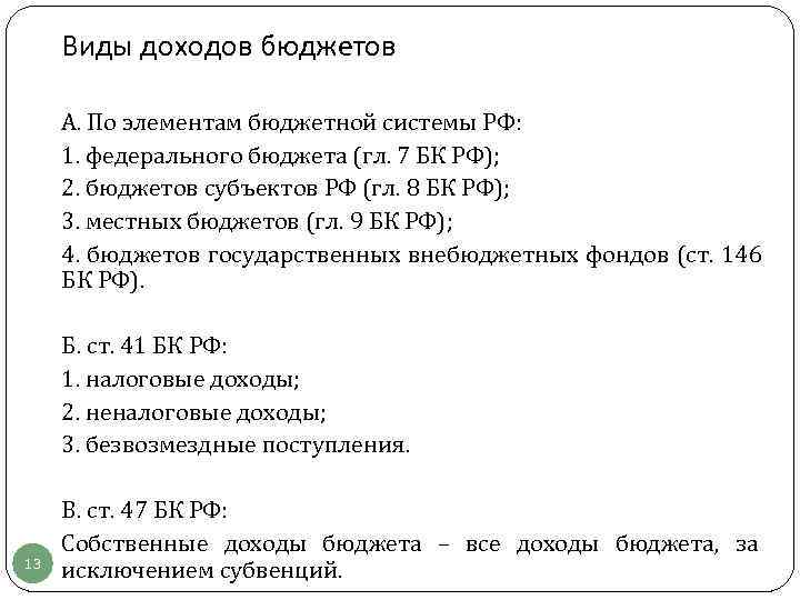  Виды доходов бюджетов  А. По элементам бюджетной системы РФ:  1. федерального