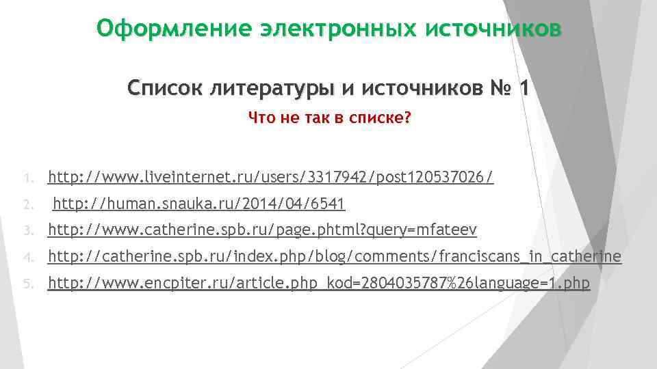   Оформление электронных источников   Список литературы и источников № 1 