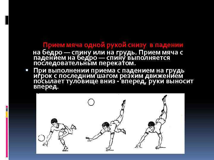  Прием мяча одной рукой снизу в падении  на бедро — спину или