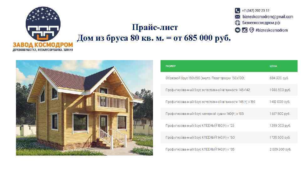    Прайс-лист Дом из бруса 80 кв. м. = от 685 000