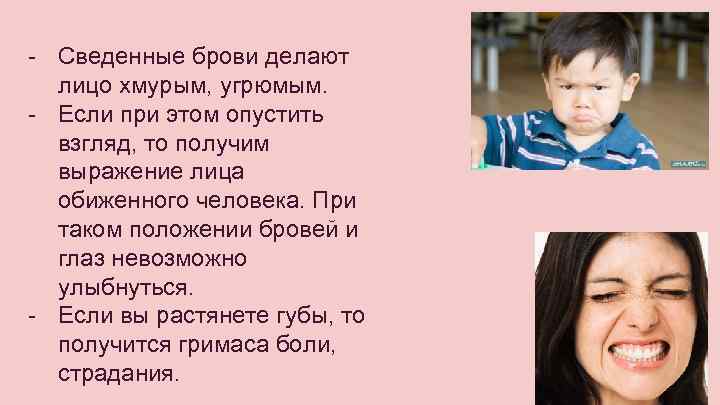 - Сведенные брови делают лицо хмурым, угрюмым. - Если при этом опустить взгляд, то